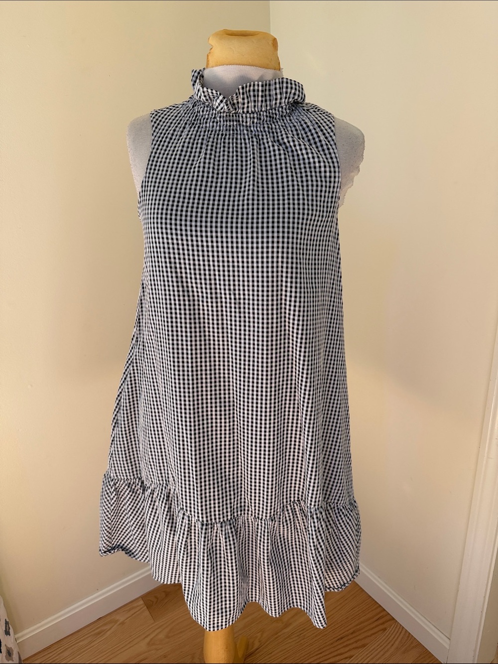 Tyler Boe small gingham sleeveless cotton dress with pockets.